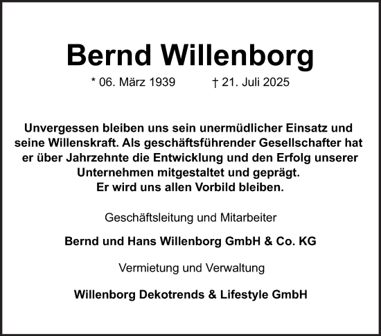 Traueranzeige von Bernd Willenborg von Mannheimer Morgen