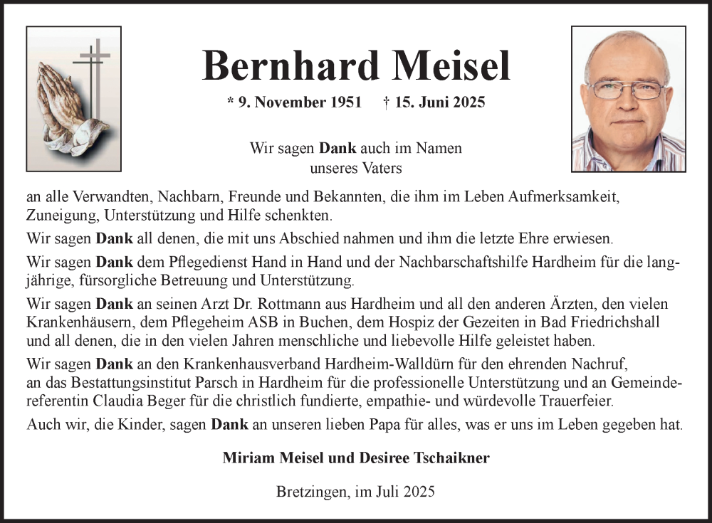  Traueranzeige für Bernhard Meisel vom 19.07.2025 aus Fränkische Nachrichten