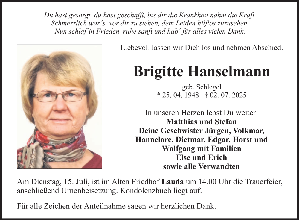  Traueranzeige für Brigitte Hanselmann vom 09.07.2025 aus Fränkische Nachrichten