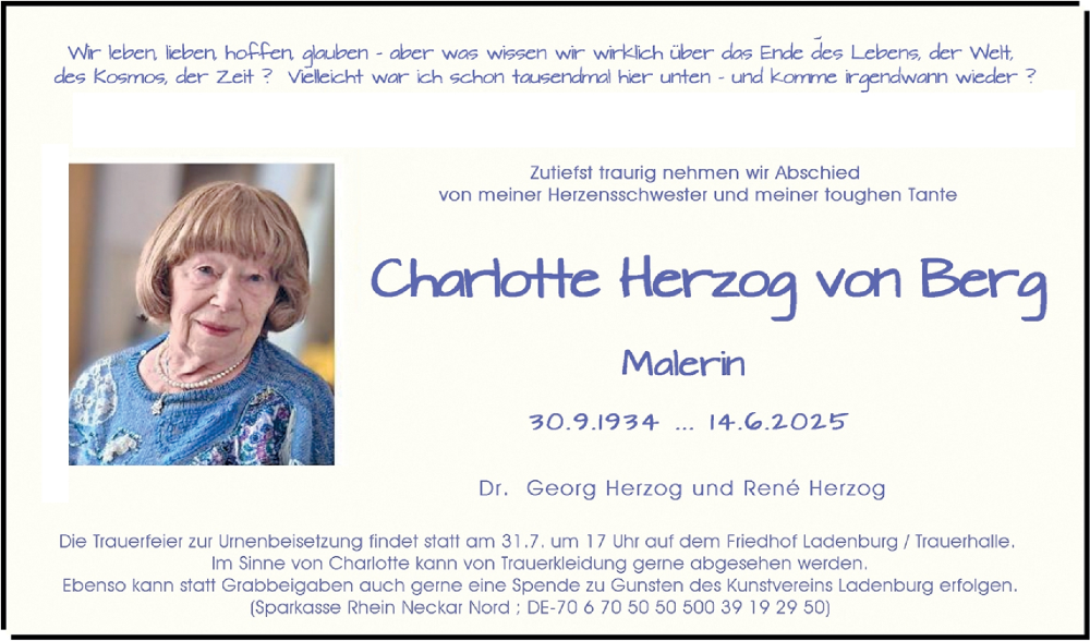  Traueranzeige für Charlotte Herzog von Berg vom 26.07.2025 aus Mannheimer Morgen