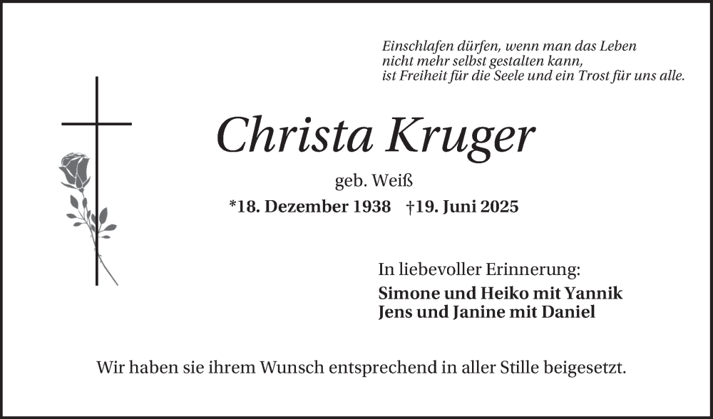  Traueranzeige für Christa Kruger vom 05.07.2025 aus Schwetzinger Zeitung