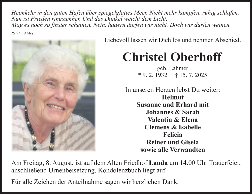  Traueranzeige für Christel Oberhoff vom 26.07.2025 aus Fränkische Nachrichten