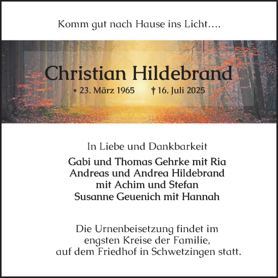 Traueranzeige von Christian Hildebrand von Schwetzinger Zeitung