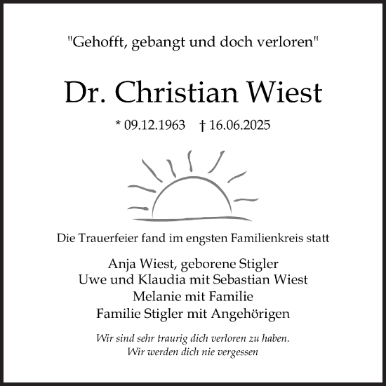 Traueranzeige von Christian Wiest von Schwetzinger Zeitung