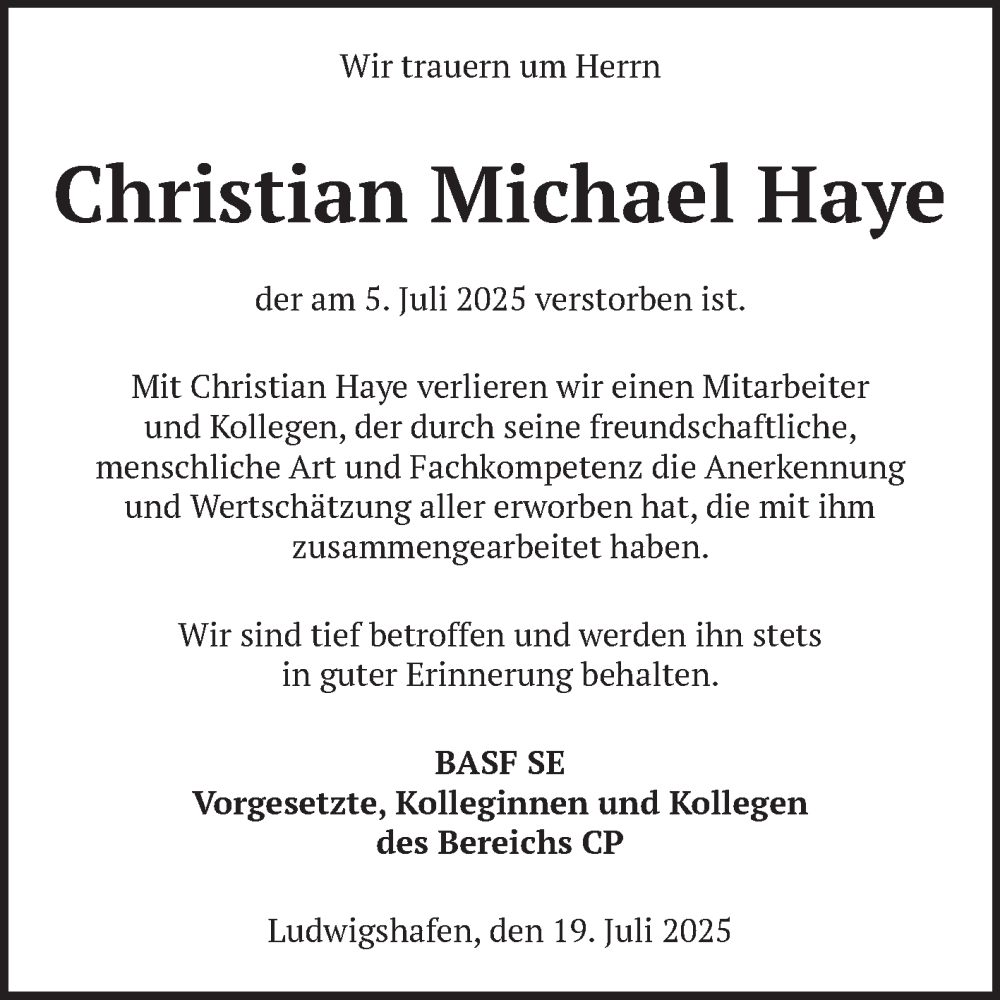  Traueranzeige für Christian Michael Haye vom 19.07.2025 aus Mannheimer Morgen
