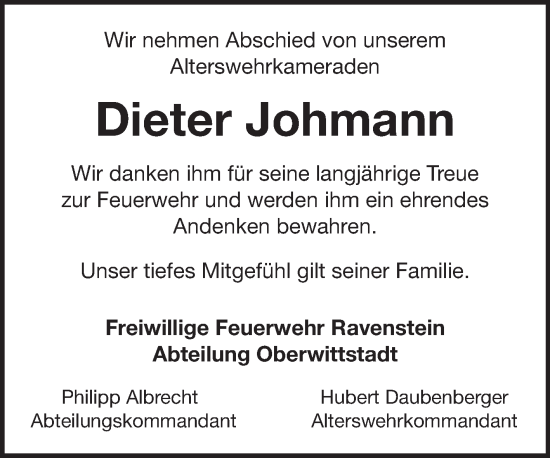 Traueranzeige von Dieter Johmann von Fränkische Nachrichten