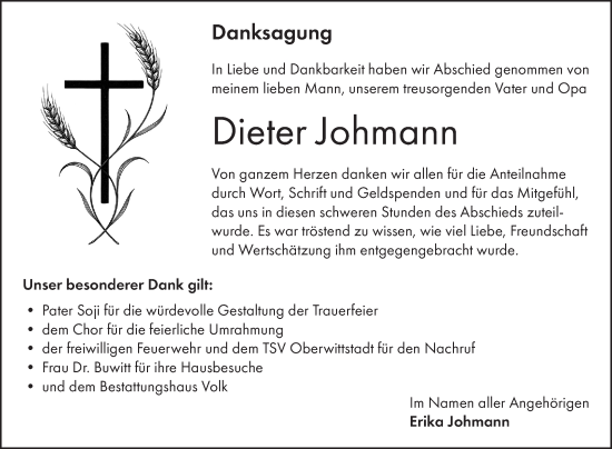 Traueranzeige von Dieter Johmann von Fränkische Nachrichten