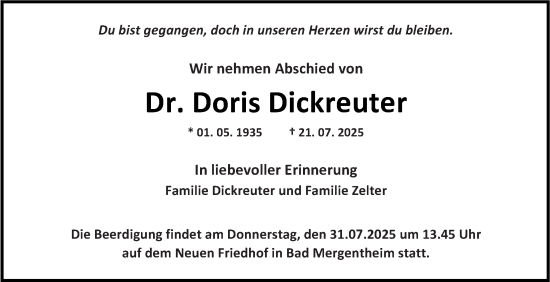 Traueranzeige von Doris Dickreuter von Fränkische Nachrichten