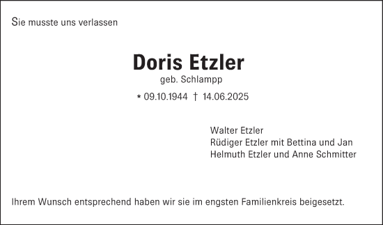 Traueranzeige von Doris Etzler von Schwetzinger Zeitung