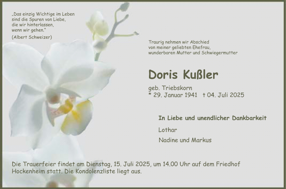  Traueranzeige für Doris Kußler vom 12.07.2025 aus Schwetzinger Zeitung