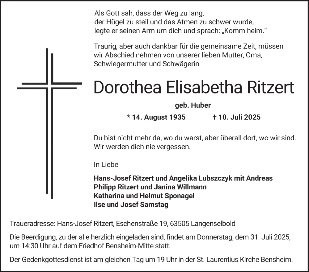  Traueranzeige für Dorothea Elisabetha Ritzert vom 26.07.2025 aus Bergsträßer Anzeiger