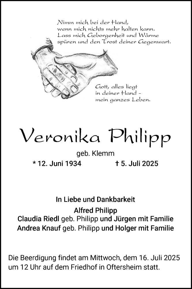  Traueranzeige für Veronika Philipp vom 12.07.2025 aus Schwetzinger Zeitung