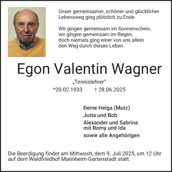 Traueranzeige von Egon Valentin Wagner von Mannheimer Morgen