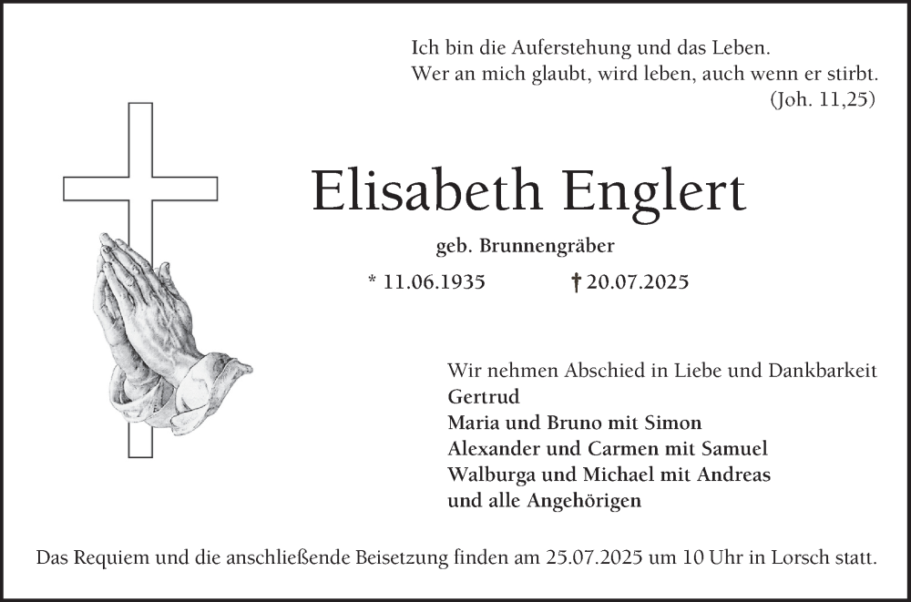  Traueranzeige für Elisabeth Englert vom 23.07.2025 aus Bergsträßer Anzeiger
