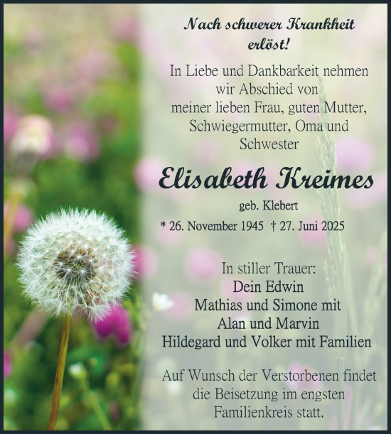 Traueranzeige von Elisabeth Kreimes von Schwetzinger Zeitung