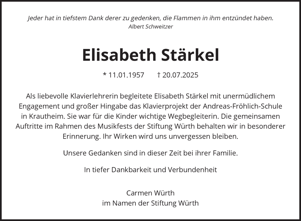  Traueranzeige für Elisabeth Stärkel vom 26.07.2025 aus Fränkische Nachrichten