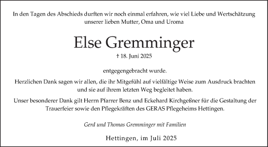 Traueranzeige von Else Gremminger von Fränkische Nachrichten