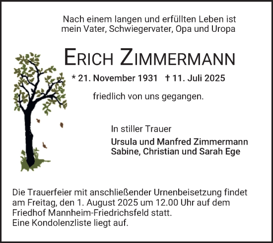 Traueranzeige von Erich Zimmermann von Mannheimer Morgen
