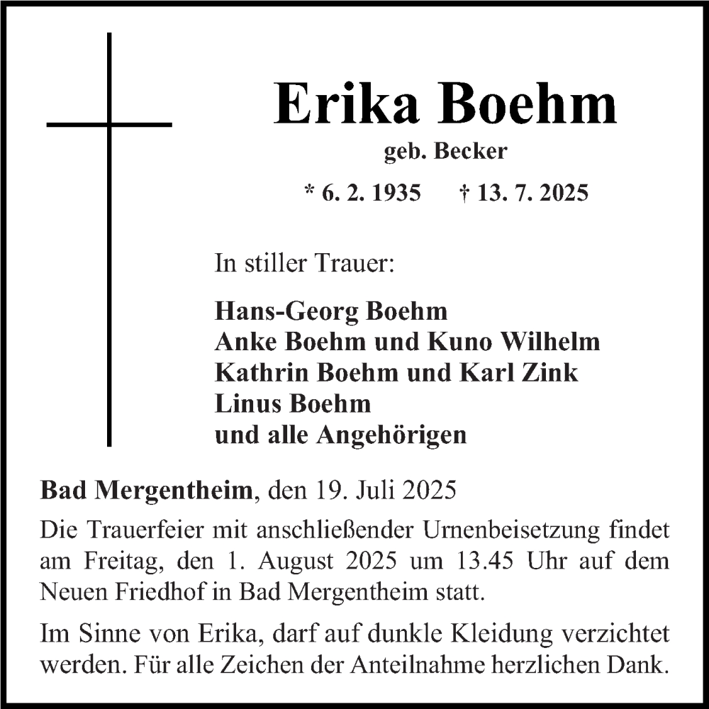 Traueranzeige für Erika Boehm vom 19.07.2025 aus Fränkische Nachrichten