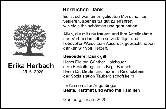 Traueranzeige von Erika Herbach von Fränkische Nachrichten