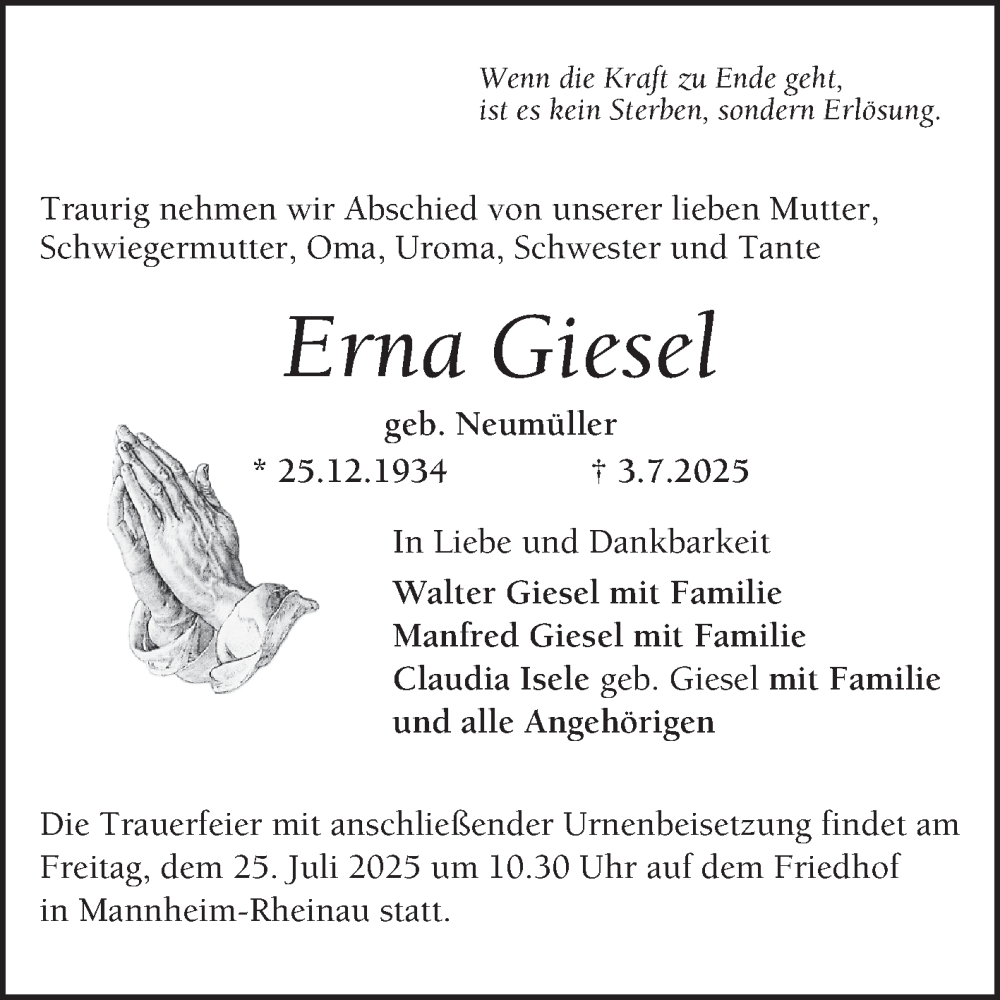  Traueranzeige für Erna Giesel vom 19.07.2025 aus Mannheimer Morgen
