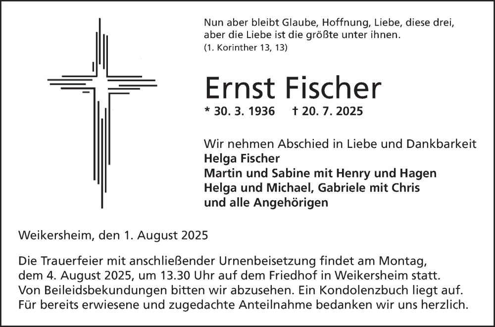  Traueranzeige für Ernst Fischer vom 01.08.2025 aus Fränkische Nachrichten