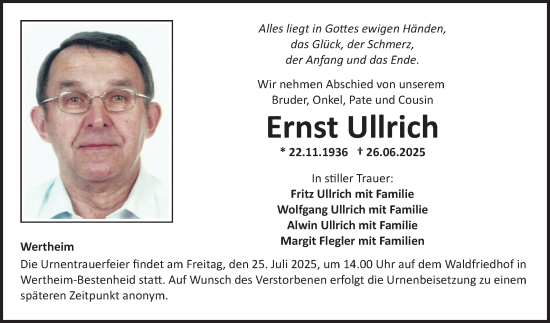 Traueranzeige von Ernst Ullrich von Fränkische Nachrichten