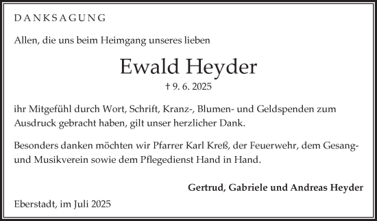 Traueranzeige von Ewald Heyder von Fränkische Nachrichten