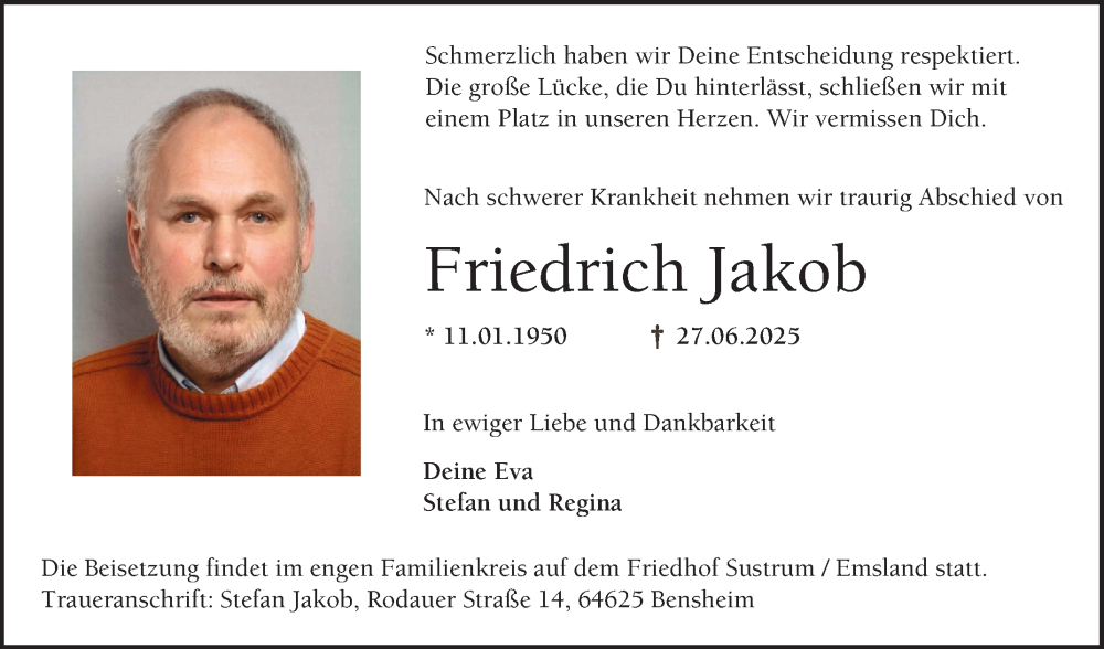  Traueranzeige für Friedrich Jakob vom 05.07.2025 aus Bergsträßer Anzeiger
