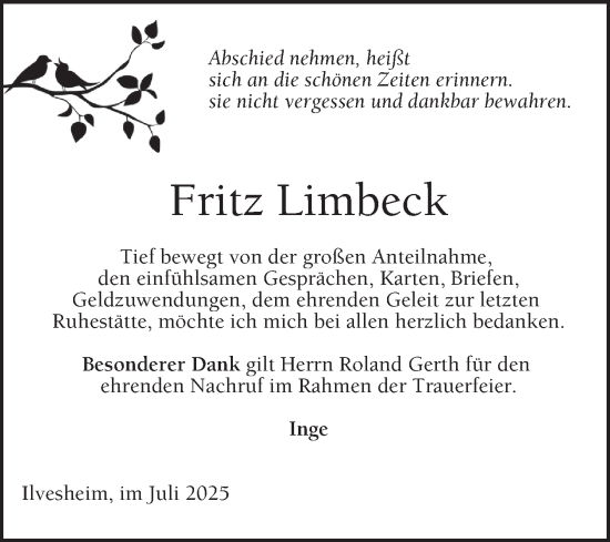 Traueranzeige von Fritz Limbeck von Mannheimer Morgen