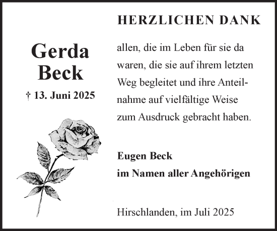 Traueranzeige von Gerda Beck von Fränkische Nachrichten