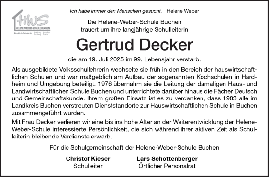 Traueranzeige von Gertrud Decker von Fränkische Nachrichten
