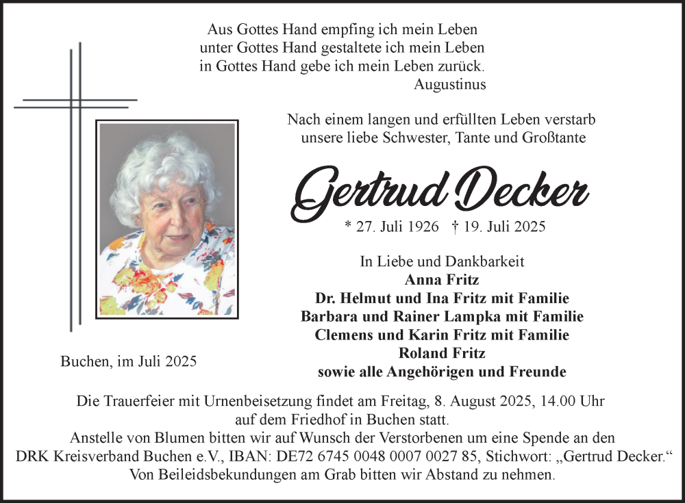  Traueranzeige für Gertrud Decker vom 01.08.2025 aus Fränkische Nachrichten