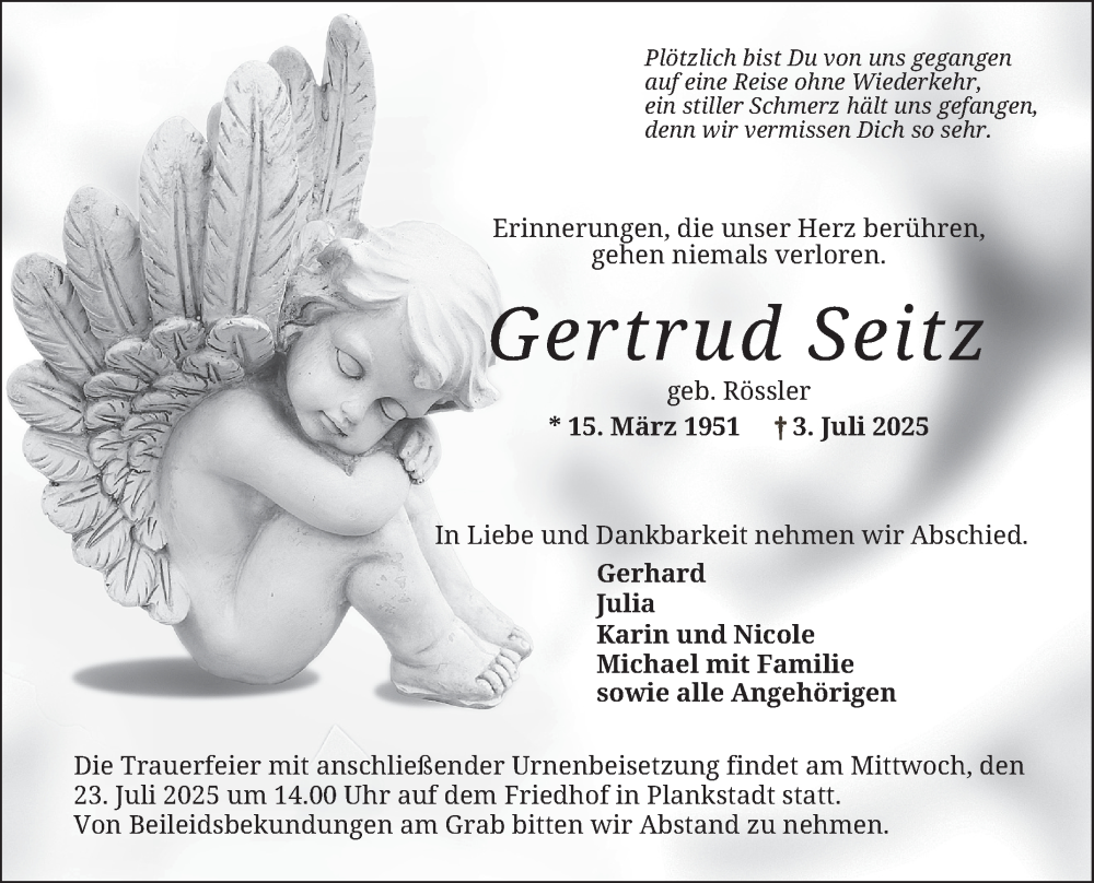  Traueranzeige für Gertrud Seitz vom 19.07.2025 aus Schwetzinger Zeitung