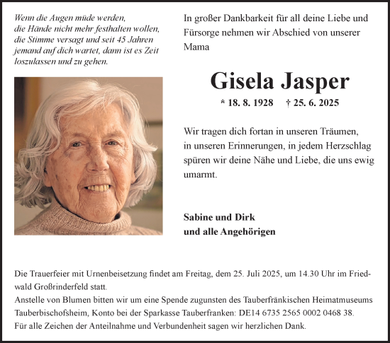 Traueranzeige von Gisela Jasper von Fränkische Nachrichten