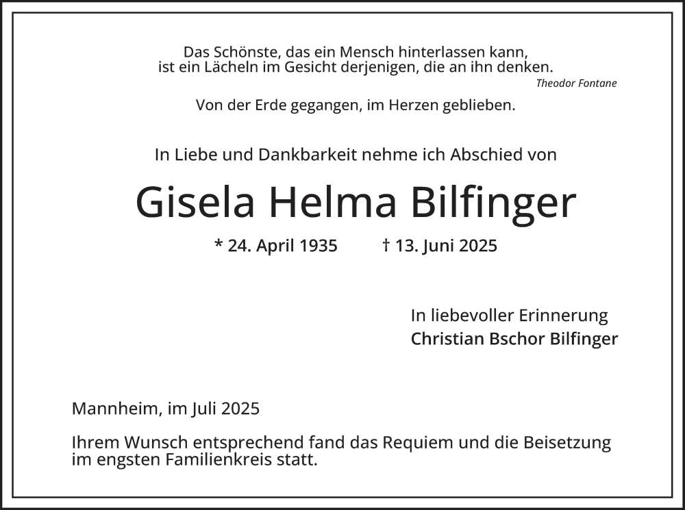  Traueranzeige für Gisela Helma Bilfinger vom 19.07.2025 aus Mannheimer Morgen