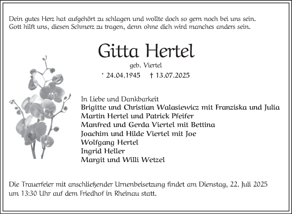  Traueranzeige für Gitta Hertel vom 16.07.2025 aus Mannheimer Morgen