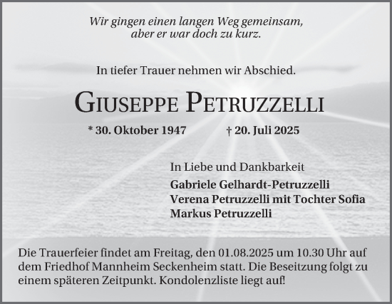 Traueranzeige von Giuseppe Petruzzelli von Mannheimer Morgen