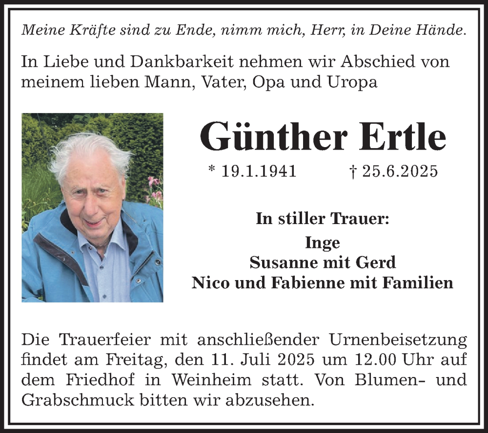  Traueranzeige für Günther Ertle vom 08.07.2025 aus Mannheimer Morgen