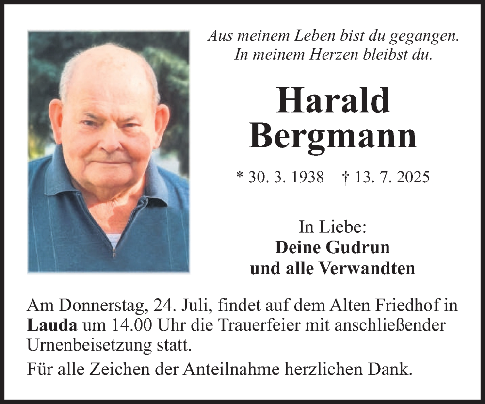  Traueranzeige für Harald Bergmann vom 19.07.2025 aus Fränkische Nachrichten