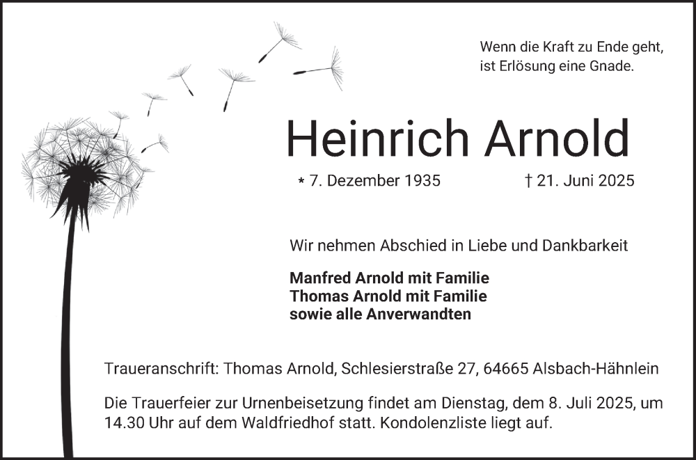 Traueranzeige für Heinrich Arnold vom 05.07.2025 aus Bergsträßer Anzeiger