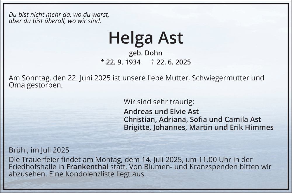  Traueranzeige für Helga Ast vom 05.07.2025 aus Schwetzinger Zeitung