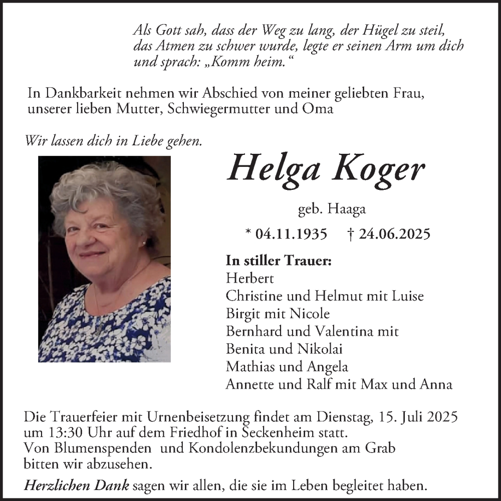  Traueranzeige für Helga Koger vom 05.07.2025 aus Mannheimer Morgen