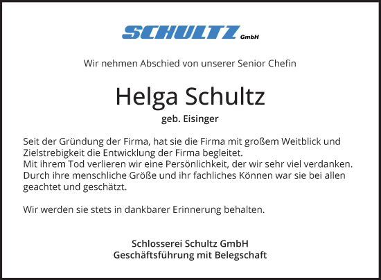 Traueranzeige von Helga Schultz von Schwetzinger Zeitung
