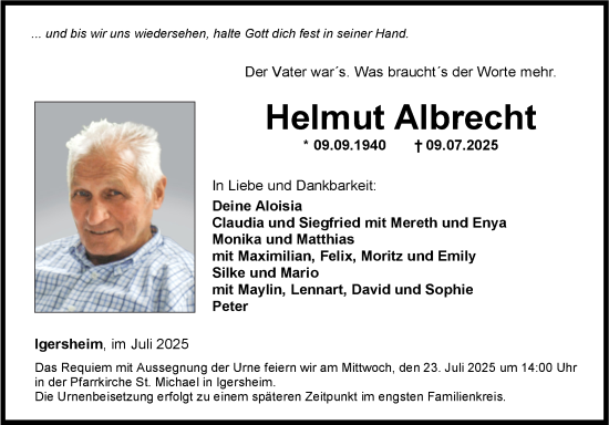 Traueranzeige von Helmut Albrecht von Fränkische Nachrichten