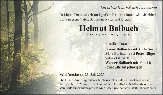 Traueranzeige von Helmut Balbach von Fränkische Nachrichten