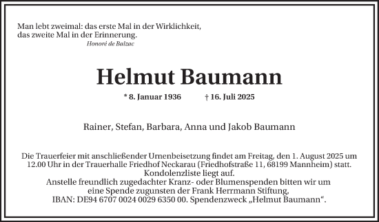 Traueranzeige von Helmut Baumann von Mannheimer Morgen