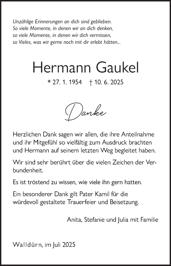 Traueranzeige von Hermann Gaukel von Fränkische Nachrichten