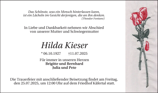 Traueranzeige von Hilda Kieser von Mannheimer Morgen