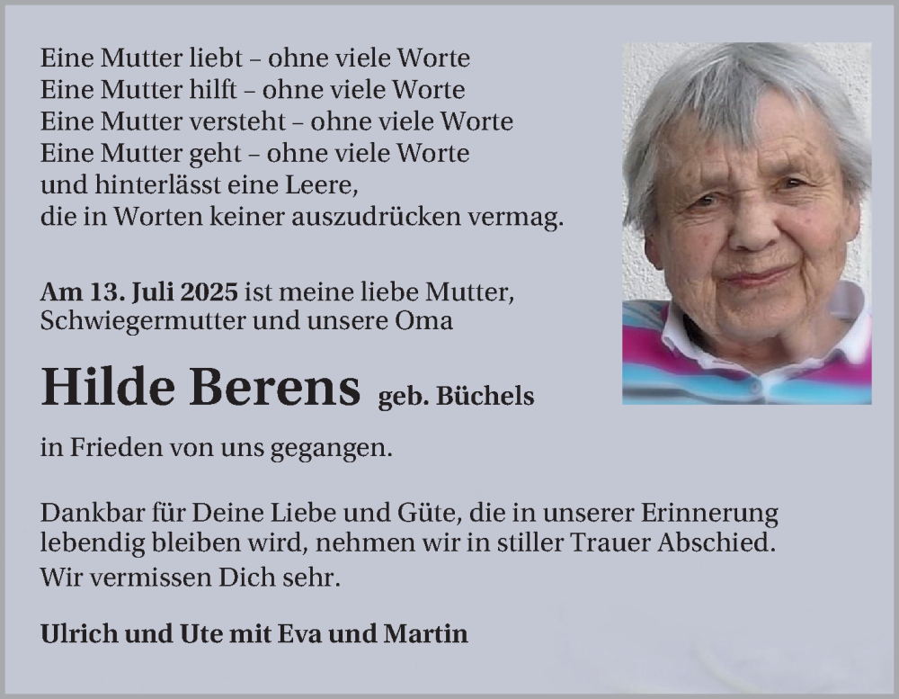  Traueranzeige für Hilde Berens vom 26.07.2025 aus Mannheimer Morgen